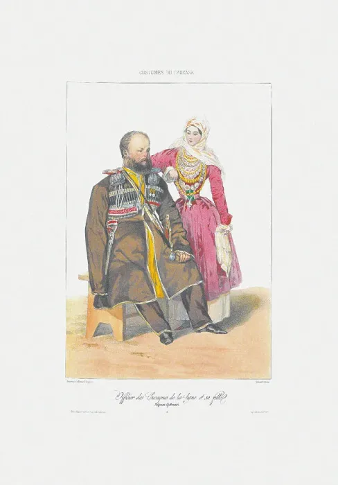 Framed Print : Terek Cossack with Daughter (From: Scenes, paysages, meurs et costumes du Caucase), 1840. Artist: Gagarin, Grigori Grigorievich (1810-1893) Framed Print : Terek Cossack with Daughter (From: Scenes, paysages, meurs et costumes du Caucase), 1840. Artist: Gagarin, Grigori Grigorievich (1810-1893)