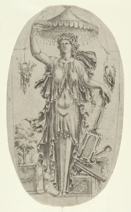 Framed Print : Term in the Form of a Woman with Musical Instrument, 1535-55. Creator: Jean Mignon Framed Print : Term in the Form of a Woman with Musical Instrument, 1535-55. Creator: Jean Mignon