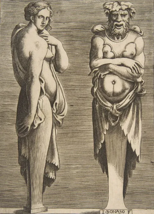 Framed Print : Two Terms, a Nymph at left Silvanus at right, ca. 1530-50. Creator: Giulio Bonasone Framed Print : Two Terms, a Nymph at left Silvanus at right, ca. 1530-50. Creator: Giulio Bonasone