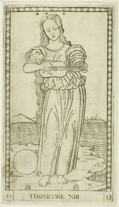 Framed Print : Terpsichore, plate thirteen from Apollo and the Muses, c.1465. Creator: Unknown Framed Print : Terpsichore, plate thirteen from Apollo and the Muses, c.1465. Creator: Unknown