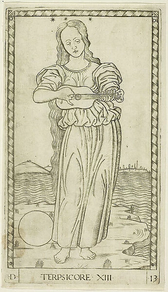 Terpsichore, plate thirteen from Apollo and the Muses, c.1465. Creator: Unknown