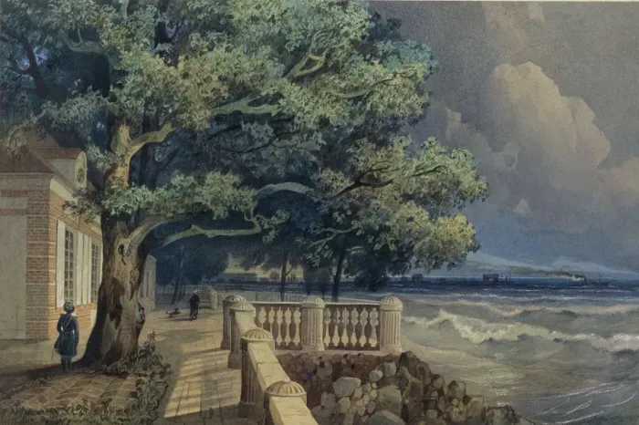 Framed Print : Terrace in the Monplaisir Palace, Peterhof, 1847. Artist: Dorogov, Alexander Matveyevich (1819-1850) Framed Print : Terrace in the Monplaisir Palace, Peterhof, 1847. Artist: Dorogov, Alexander Matveyevich (1819-1850)