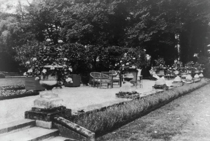 Framed Print : Terrace near the house, Pavilion Colombe, St. Brice, chateau near Paris, France, c1910 - 1925. Creator: Frances Benjamin Johnston