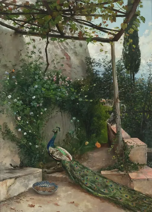 Framed Print : Terrace with Peacock, the Alhambra, 1884. Creator: Hugo Birger Framed Print : Terrace with Peacock, the Alhambra, 1884. Creator: Hugo Birger