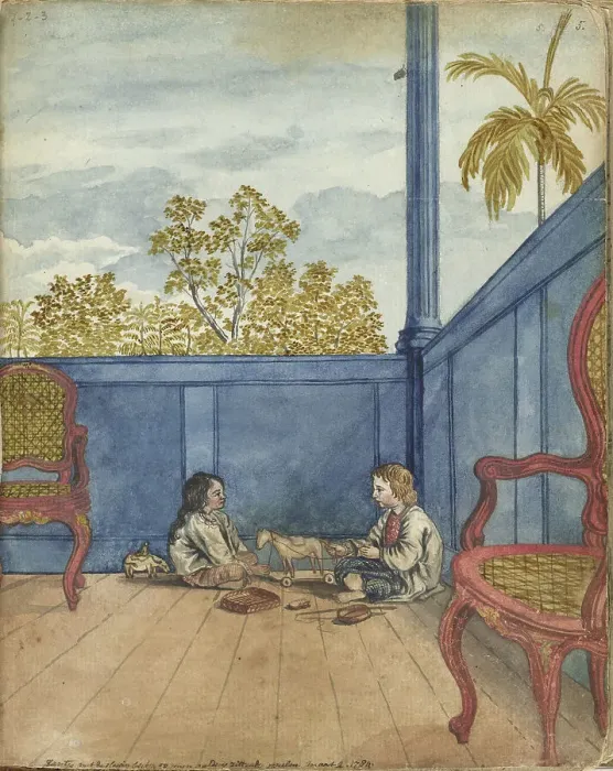 Framed Print : Terrace with son Jantje and Bietja, an enslaved girl, 1784. Creator: Jan Brandes Framed Print : Terrace with son Jantje and Bietja, an enslaved girl, 1784. Creator: Jan Brandes