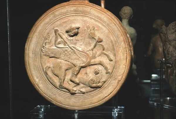 Terracotta Flask with moulded medallion, Bellerophon killing the Chimaera, c300BC-c250BC