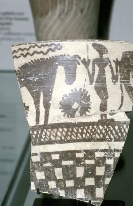 Framed Print : Terracotta pottery fragment of a human figure between two horses, Tepe Sialk, Iran, 4th mil. BC