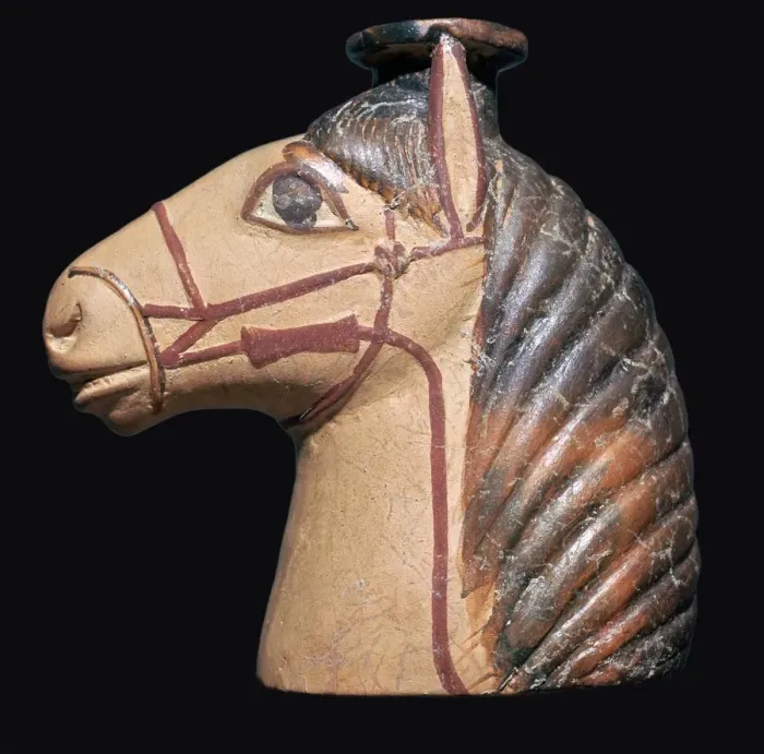 Framed Print : Terracotta scent bottle in the shape of a horses head Framed Print : Terracotta scent bottle in the shape of a horses head