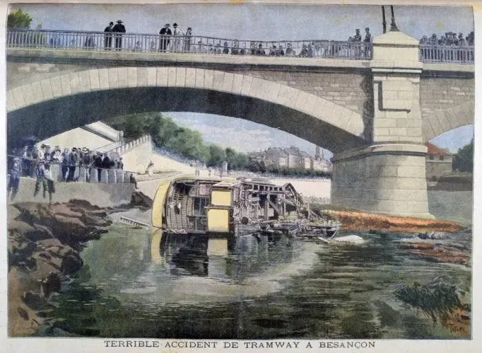 Framed Print : Terrible tramway accident, Besancon, France, 1899. Artist: Oswaldo Tofani Framed Print : Terrible tramway accident, Besancon, France, 1899. Artist: Oswaldo Tofani