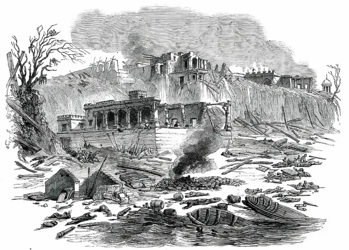 Framed Print : Terrific Explosion at the Raj Ghaut Ferry, Benares, 1850. Creator: Unknown Framed Print : Terrific Explosion at the Raj Ghaut Ferry, Benares, 1850. Creator: Unknown