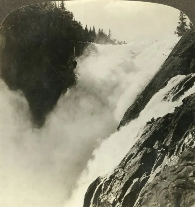 Framed Print : Terrific splendor of the mighty Riukan Falls, where it begins its 800 foot drop, Norway, c1905 Framed Print : Terrific splendor of the mighty Riukan Falls, where it begins its 800 foot drop, Norway, c1905