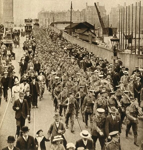Territorials from Summer Camp - Terriers marching easy over Westminster Bridge, 1914-1918