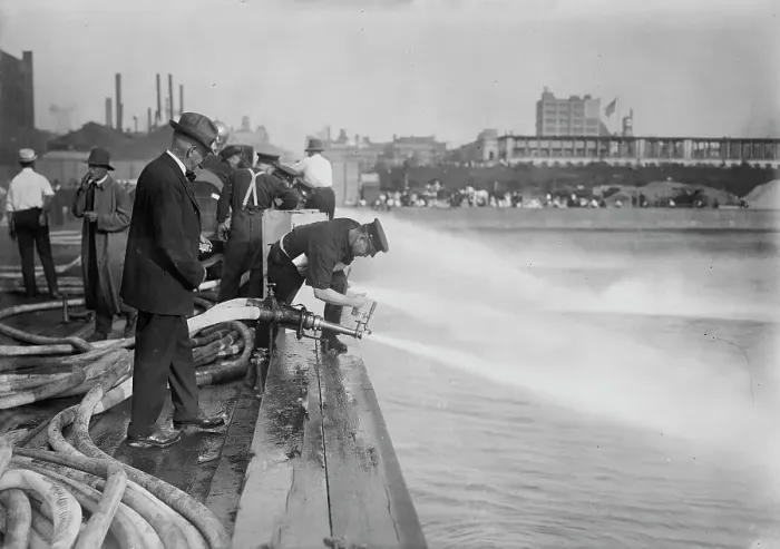 Framed Print : Testing stream from motor fire engines, 1913. Creator: Bain News Service Framed Print : Testing stream from motor fire engines, 1913. Creator: Bain News Service