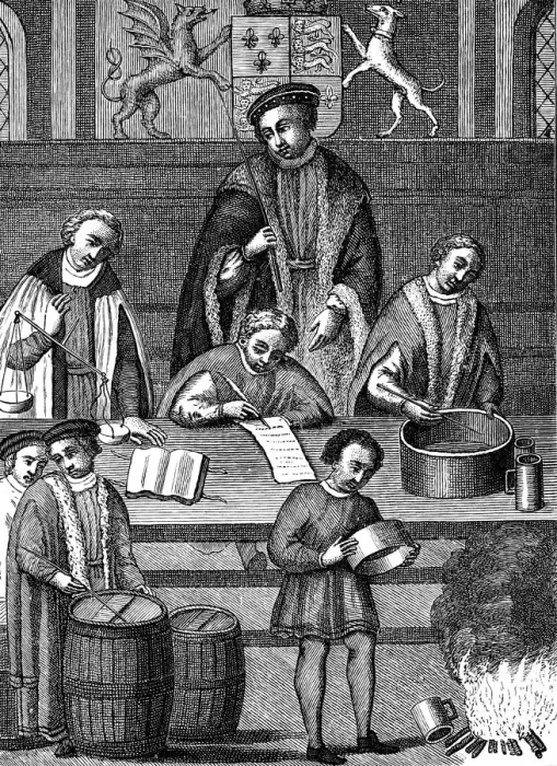 Framed Print : Testing weights and measures during the reign of Henry VII, England, 1497-1509 Framed Print : Testing weights and measures during the reign of Henry VII, England, 1497-1509