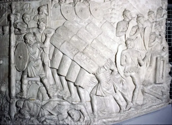 Framed Print : Testudo formation, detail of cast from Trajans Column, (1st century), c20th century Framed Print : Testudo formation, detail of cast from Trajans Column, (1st century), c20th century