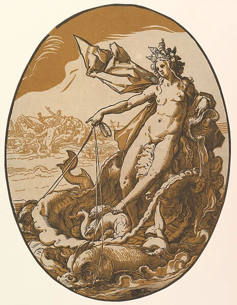Tethys reclining in a giant shell chariot pulled by two sea creatures, 1588-90