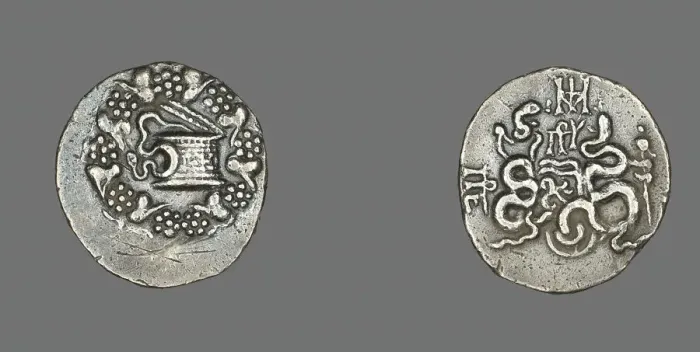 Framed Print : Tetradrachm (Coin) Depicting a Cista with Snake, 133-67 BCE. Creator: Unknown Framed Print : Tetradrachm (Coin) Depicting a Cista with Snake, 133-67 BCE. Creator: Unknown