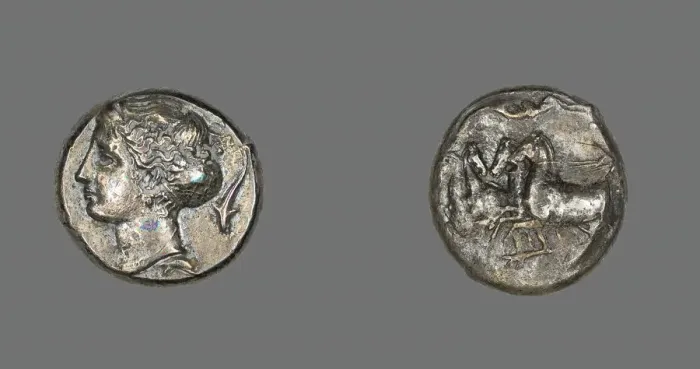 Framed Print : Tetradrachm (Coin) Depicting the Nymph Arethusa, 413-399 BCE. Creator: Unknown Framed Print : Tetradrachm (Coin) Depicting the Nymph Arethusa, 413-399 BCE. Creator: Unknown