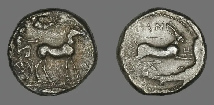 Framed Print : Tetradrachm (Coin) Portraying Biga with Mules, 484-476 BCE. Creator: Unknown Framed Print : Tetradrachm (Coin) Portraying Biga with Mules, 484-476 BCE. Creator: Unknown