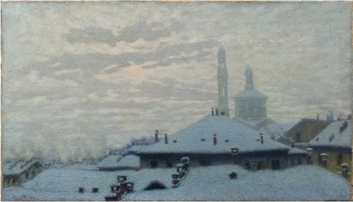Framed Print : Tetti sotto la neve (Roofs under the snow), 1910. Creator: Morbelli, Angelo (1853-1919) Framed Print : Tetti sotto la neve (Roofs under the snow), 1910. Creator: Morbelli, Angelo (1853-1919)