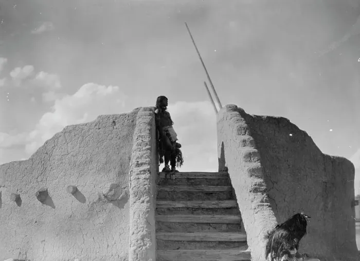 Framed Print : Tewa Indian guard at top of the kiva stairs, San Ildefonso, New Mexico, c1905. Creator: Edward Sheriff Curtis Framed Print : Tewa Indian guard at top of the kiva stairs, San Ildefonso, New Mexico, c1905. Creator: Edward Sheriff Curtis