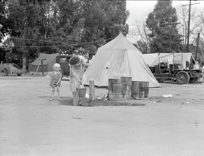 Framed Print : Texas drought refugees in cotton camp near Exeter, California, 1936. Creator: Dorothea Lange Framed Print : Texas drought refugees in cotton camp near Exeter, California, 1936. Creator: Dorothea Lange