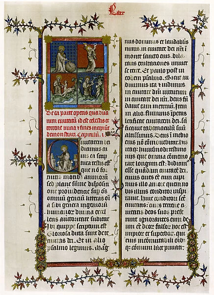 Text page with biblical scenes, late 14th century