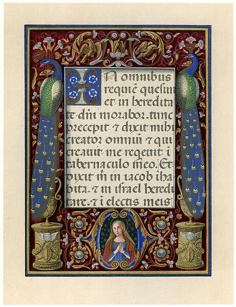 Text page with the Virgin and two peacocks, c1490