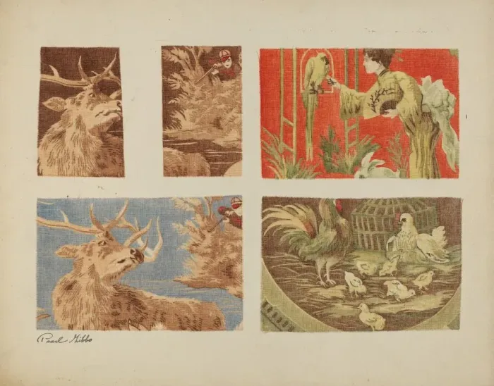 Framed Print : Four Textile Samples, c. 1940. Creator: Pearl Gibbo Framed Print : Four Textile Samples, c. 1940. Creator: Pearl Gibbo