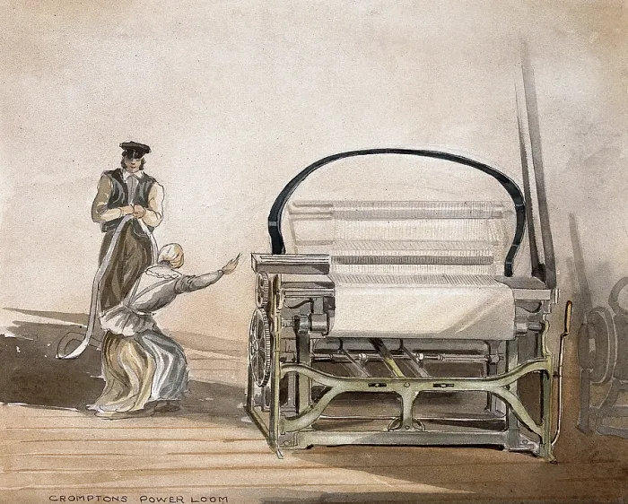 Framed Print : Textiles: Crompton's belt-driven power loom, with a man standing by and a woman working. Creator: Unknown. Textiles: Crompton's belt-driven power loom, with a man standing by and a woman working. Creator: Unknown Framed Print : Textiles: Crompton's belt-driven power loom, with a man standing by and a woman working. Creator: Unknown. Textiles: Crompton's belt-driven power loom, with a man standing by and a woman working. Creator: Unknown