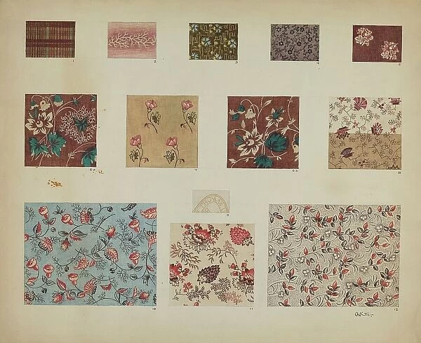 Textiles in Patchwork Quilt, c. 1937. Creator: Charlotte Winter
