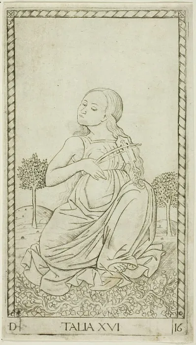 Framed Print : Thalia, plate sixteen from Apollo and the Muses, c.1465. Creator: Unknown Framed Print : Thalia, plate sixteen from Apollo and the Muses, c.1465. Creator: Unknown