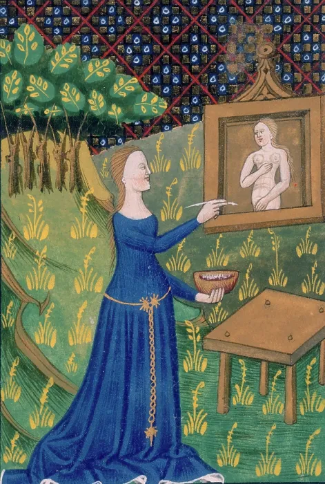 Framed Print : Thamar (Timarete) painting her picture of Diana, c1400-c1425. Creator: Unknown Framed Print : Thamar (Timarete) painting her picture of Diana, c1400-c1425. Creator: Unknown