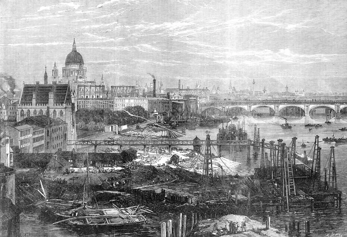 Framed Print : The Thames Embankment Works, viewed from King's College, 1864. Creator: Mason Jackson Framed Print : The Thames Embankment Works, viewed from King's College, 1864. Creator: Mason Jackson