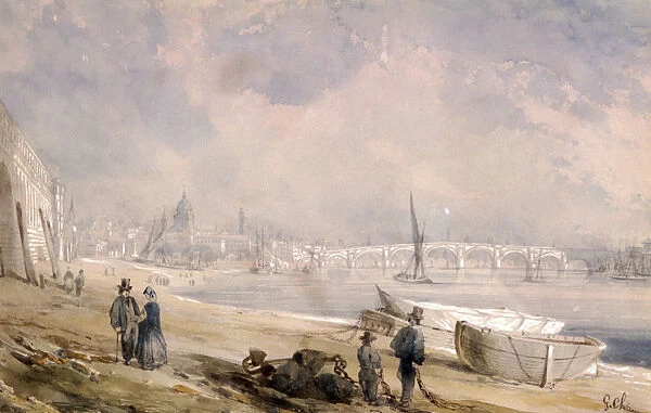 The Thames at low tide and Blackfriars Bridge, London, 1847. Artist: G Chaumont