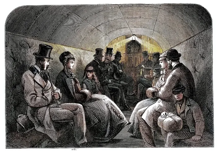 Framed Print : The Thames Subway at Tower-Hill: interior of carriage, 1870. Creator: Unknown Framed Print : The Thames Subway at Tower-Hill: interior of carriage, 1870. Creator: Unknown