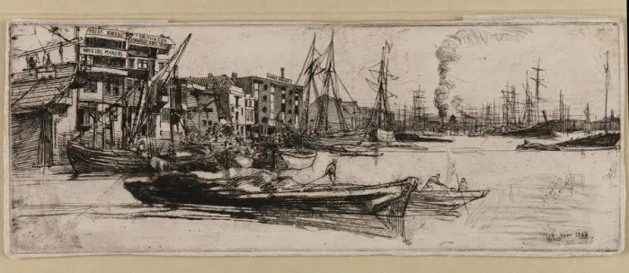 Framed Print : Thames Warehouses, 1859. Creator: James Abbott McNeill Whistler Framed Print : Thames Warehouses, 1859. Creator: James Abbott McNeill Whistler