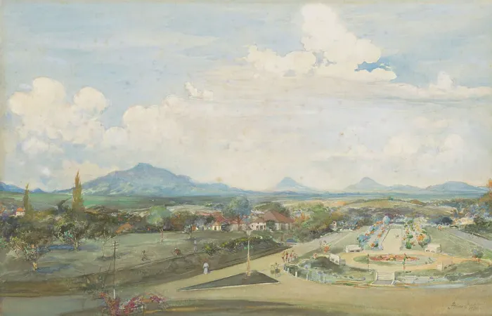 Framed Print : Thamrin Square in Semarang with the volcanoes Sindoro and Soembing in the background, 1930. Creator: Frans Bakker Framed Print : Thamrin Square in Semarang with the volcanoes Sindoro and Soembing in the background, 1930. Creator: Frans Bakker