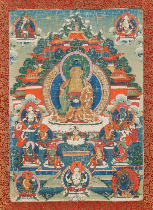 Framed Print : Thangka of Amitabha in the pure land of Sukhavati, 19th century. Creator: Tibetan Culture Framed Print : Thangka of Amitabha in the pure land of Sukhavati, 19th century. Creator: Tibetan Culture