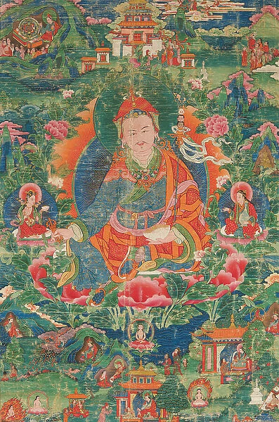 Thangka of Padmasambhava with scenes from his life, Early 19th cen.. Creator: Tibetan culture