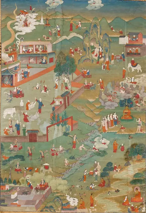 Framed Print : Thangka with scenes from the Buddha's Life, 18th century. Creator: Tibetan culture Framed Print : Thangka with scenes from the Buddha's Life, 18th century. Creator: Tibetan culture