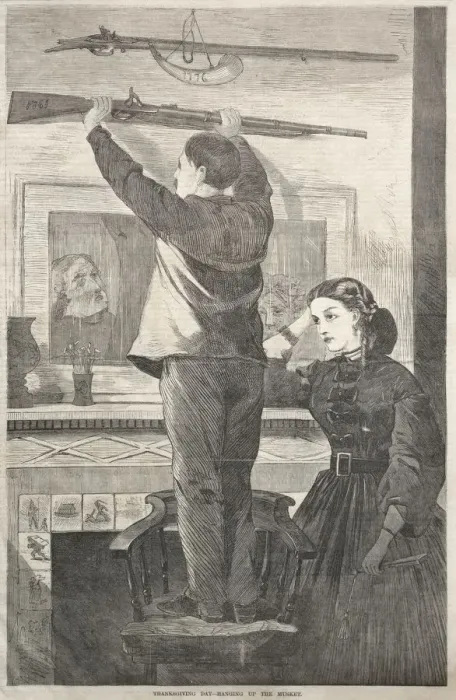 Framed Print : Thanksgiving Day - Hanging up the Musket, 1865. Creator: Winslow Homer (American, 1836-1910) Framed Print : Thanksgiving Day - Hanging up the Musket, 1865. Creator: Winslow Homer (American, 1836-1910)
