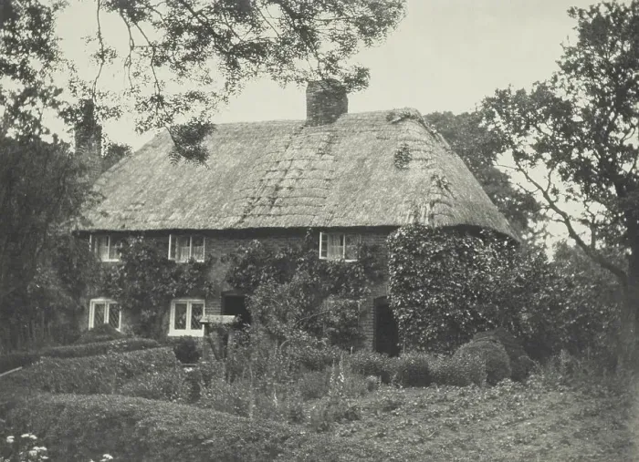 Framed Print : Thatched cottage. From the album: Photograph album - England, 1920s. Creator: Harry Moult Framed Print : Thatched cottage. From the album: Photograph album - England, 1920s. Creator: Harry Moult