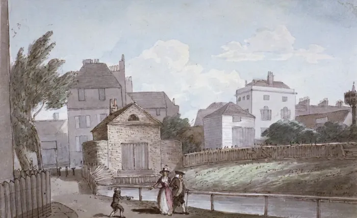 Framed Print : The Thatched House Inn and the New River, Islington, London, c1790 Framed Print : The Thatched House Inn and the New River, Islington, London, c1790