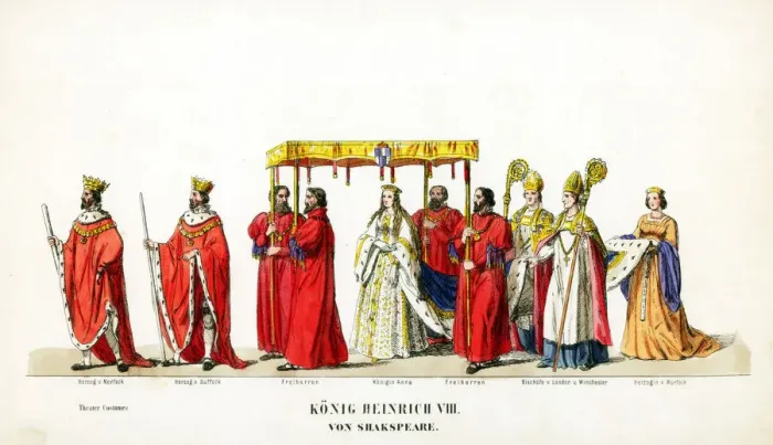 Framed Print : Theatre costume designs for Shakespeares play, Henry VIII, 19th century Framed Print : Theatre costume designs for Shakespeares play, Henry VIII, 19th century