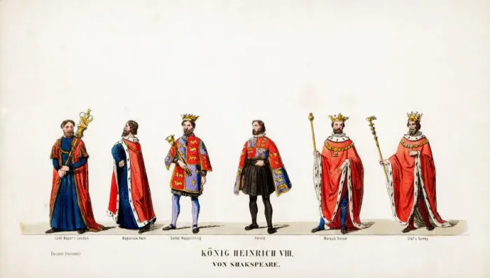 Framed Print : Theatre costume designs for Shakespeares play, Henry VIII, 19th century Framed Print : Theatre costume designs for Shakespeares play, Henry VIII, 19th century