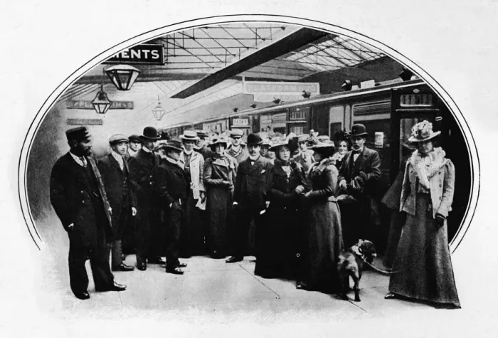 Framed Print : A theatrical company starting on tour, Euston Station, London, c1900 (1901) Framed Print : A theatrical company starting on tour, Euston Station, London, c1900 (1901)