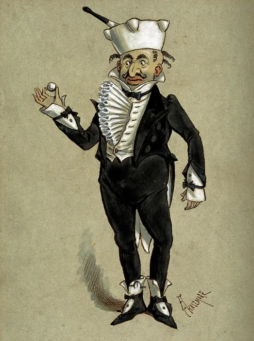 Framed Print : A theatrical figure in a tuxedo wearing a pestle and mortar as a hat... 1870s. Creator: Archibald Chasemore Framed Print : A theatrical figure in a tuxedo wearing a pestle and mortar as a hat... 1870s. Creator: Archibald Chasemore