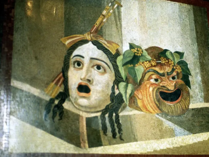 Framed Print : Theatrical masks of tragedy and comedy depicted in a Roman mosaic Framed Print : Theatrical masks of tragedy and comedy depicted in a Roman mosaic