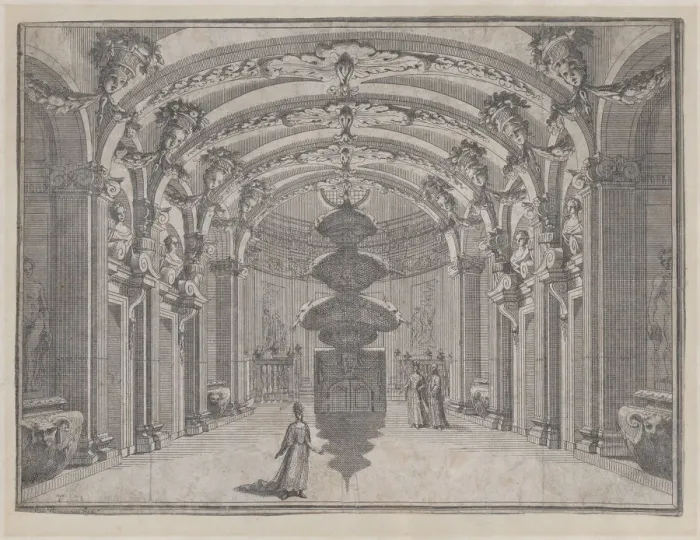 Framed Print : Theatrical scene in a great hall with a vaulted ceiling and a central sculpture;... ca Framed Print : Theatrical scene in a great hall with a vaulted ceiling and a central sculpture;... ca